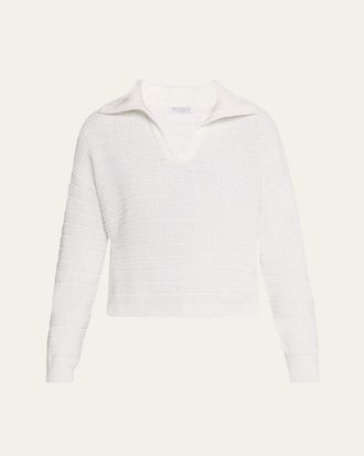 Brunello Cucinelli Johnny Collar Cotton English Ribbed Sweater