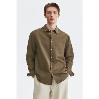 H&M Relaxed Fit Linen-blend Shirt in Dark Khaki Green at Nordstrom, Size Xx-Large