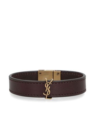 Saint Laurent logo-plaque leather bracelet - Brown