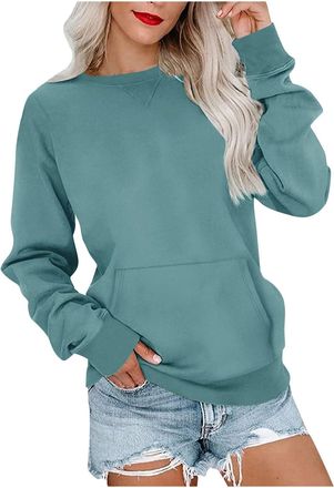 Generic Sweatshirts for Women Long Sleeve Crew Neck Pullover Ladies Casual Oversized Tracksuit Tops Winter Plain Outdoor Gym Sportswear Jumpers with Pockets L