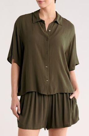 Nordstrom Rack Short Sleeve Solid Cover-Up Camp Shirt in Olive Sarma at Nordstrom Rack, Size X-Large