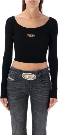 Diesel Zwarte Geribbelde Crop Top met Metalen Logo - Dames - Longsleeves - Zwart - S - Polyester - Tops