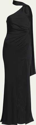 Tom Ford One-Shoulder Scarf-Neck Ruched Slit Gown