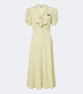 Miu Miu Polka-dot tie-neck silk midi dress