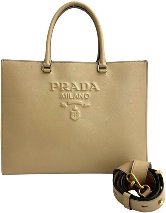 Prada Beige Leather Handbag Shoulder Bag Tote Bag (Pre-Owned)