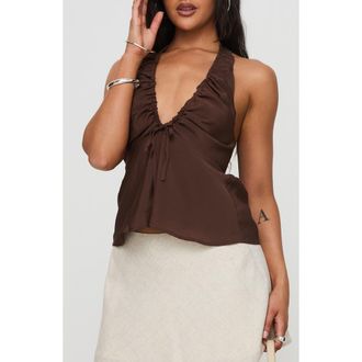 Princess Polly Gadot Ruched Halter Top in Brown at Nordstrom, Size 10