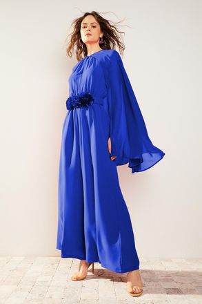 Trendyol Modest Dames Blauw Effen Maxi Mouwloos Stijlvol/Avond Skater Modest Avond Jurken