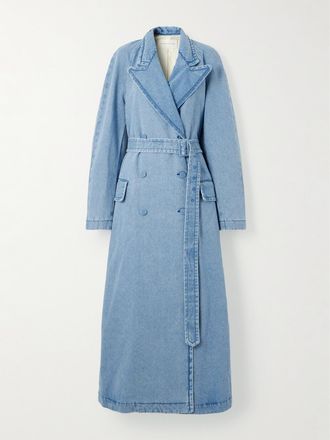 Dries Van Noten Cappotto Doppiopetto In Denim Con Cintura - Blu