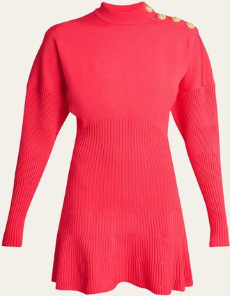 Balmain Button-Shoulder Batwing-Sleeve Mini Sweater Dress