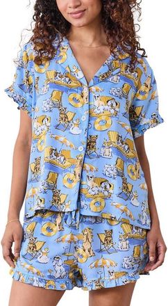 Printfresh Ruffle Satin Pajamas in Cerulean Splash at Nordstrom, Size X-Large