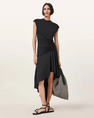 AllSaints Acetate Annalie Asymmetric Midi Dress, Size: UK 14/US 10