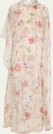 Alexander McQueen Crystal Meadow Floral-Print Asymmetric Cape Gown