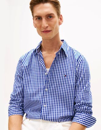 Tommy Hilfiger Mens Tommy Hilfiger Flex Poplin Gingham Mens Long Sleeve Shirt - Wedge Blue/Check - Size: 40/Regular