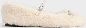 Charles & Keith Bow Crystal-Embellished Furry Mary Janes