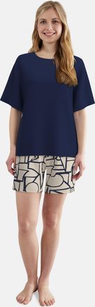 Tom Tailor Shorty TOM TAILOR, Damen, Gr. 36, blau, dunkel, allover, Single Jersey, Obermaterial: 95% Viskose, 5% Elasthan, bequem kurz, Rundhals, gerader Abschlu