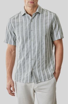 Robert Barakett Daiki Stripe Short Sleeve Button-Up Shirt in Olive Dust at Nordstrom, Size Xx-Large
