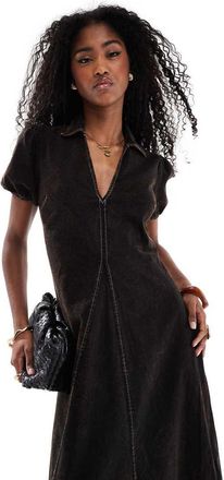 Asos v neck collar twill maxi dress with puff sleeves in black acid wash