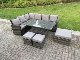 Fimous 9 Seater High Back Rattan Adjustable Rising Lifting Dining Table Corner Sofa Set Garden Furniture Left Hand in Dark Grey