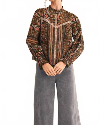 Merci Ruffle Collar Floral Botanical Blouse In Black Border Print