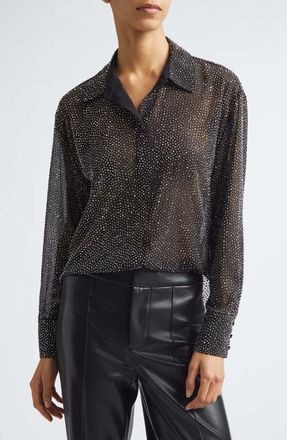 Alice & Olivia Dimitra Crystal Embellished Oversize Sheer Shirt in Black at Nordstrom, Size X-Large