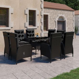 vidaXL Set De Comedor De Jard&iacute;n 9 Piezas Rat&aacute;n Pe Y Vidrio Negro Vidaxl