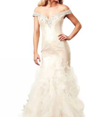 Mac Duggal Off-The-Shoulder Ball Gown With Sequins And Chiffon Ruffles In Ivory/nude