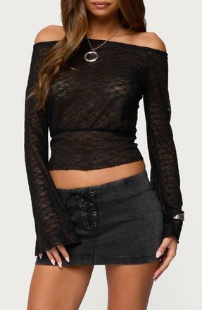 Edikted Alef Off the Shoulder Long Sleeve Sheer Lace Top in Black at Nordstrom, Size X-Small
