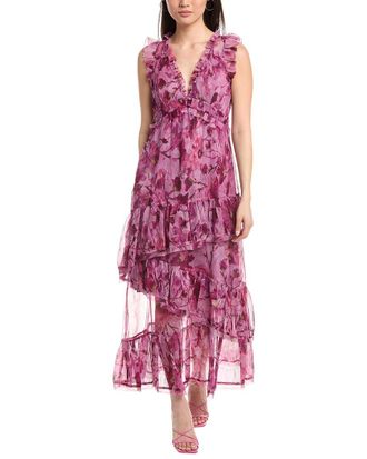 Marchesa Pleated Chiffon V-Neck Maxi Dress