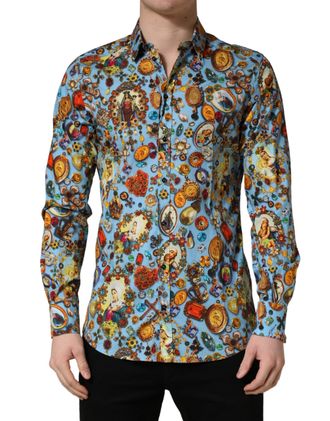Dolce & Gabbana Mens Blue Cotton Jewel Print Button Down Gold Shirt