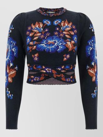 Farm Rio floral-knit cropped long-sleeve top