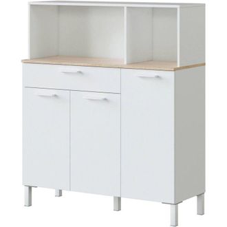 Dmora Credenza Angstrom, Mobile ausiliario da cucina, Credenza a 3 ante e 1 cassetto con ripiani, Armadio aperto, 108x40h126 cm, Bianco e Rovere