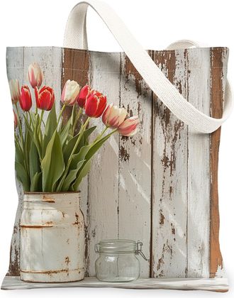 Generic Spring Tulip Flower Canvas Tote Bag for Shopping 13x15, Farmhouse Rustic Florals Reusable Grocery Print Bag for Women, Country Beach Aesthetic Paintin
