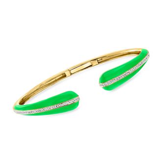 Ross-Simons Green Enamel and Diamond Cuff Bracelet in 18kt Gold Over Sterling