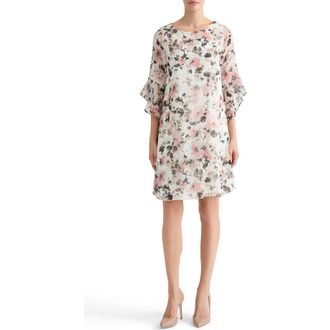 Kasper Metallic Floral Print Ruffle Shift Dress in Vanilla Ice Multi at Nordstrom, Size X-Large