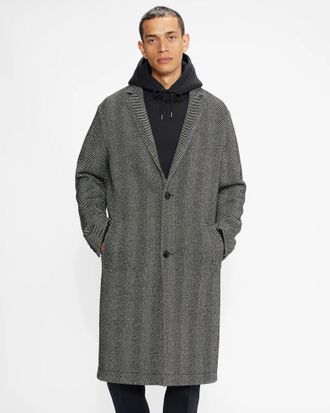 Ted Baker Mens Travers Herringbone Coat, Black - Grey Wool (archived) - Size X-Large