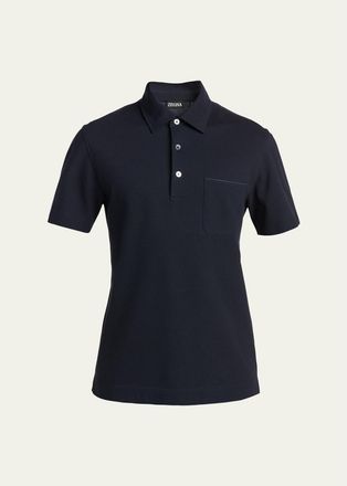 Ermenegildo Zegna Mens Pique Polo Shirt with Leather-Trim Pocket