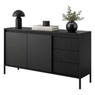 Dmora Aparador Hatomo, Mueble Con 3 Cajones, 2 Estantes, Puertas Abatibles Y Correderas, 154x40x81h Cm Beige