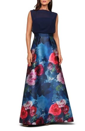 Kay Unger Eileen Sleeveless Mixed Media Gown in Ink Blue Multi at Nordstrom, Size 18
