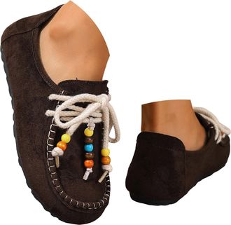 Generic Suede Moccasins Loafers for Women Business Casual Shoes Penny Loafers with Beaded Slip On Work Shoes Comfort Walking Flats Round Toe Slip On Flats Dai