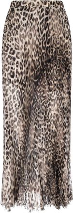 Ermanno Scervino Animalier Silk Skirt, Brown, Pleated Pattern