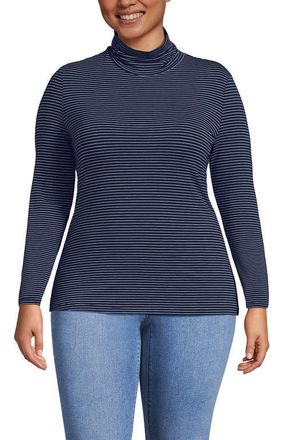 Lands End Lightweight Jersey Skimming Long Sleeve Turtleneck in Deep Sea Navy Thin Stripe at Nordstrom, Size 2X