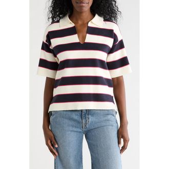 T Tahari Stripe Short Sleeve Polo Sweater in Ivory/Fuchsia/Navy at Nordstrom Rack, Size X-Small