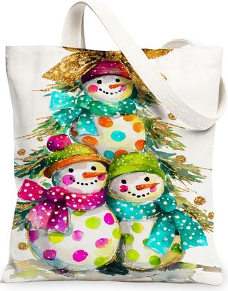 Generic Christmas Snow Man Canvas Tote Bags, Colorful Dot Design Reusable Grocery Bags, Winter Vintage Lightweight Washable Shoulde, White, 13x15 Inch