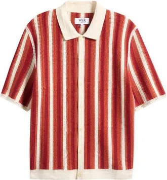 Wax London Porto Stripe Knit Button-Up Shirt in Ecru/orange at Nordstrom, Size X-Large