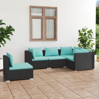 vidaXL Set De Muebles De Jard&iacute;n 5 Pzas Y Cojines Rat&aacute;n Sint&eacute;tico Negro Vidaxl