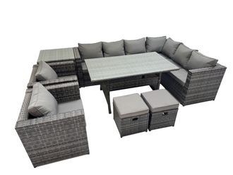 Fimous 10 Seater Patio Dining Corner Sofa Sets with 2 Chairs 2 Small Stools in Dark Grey