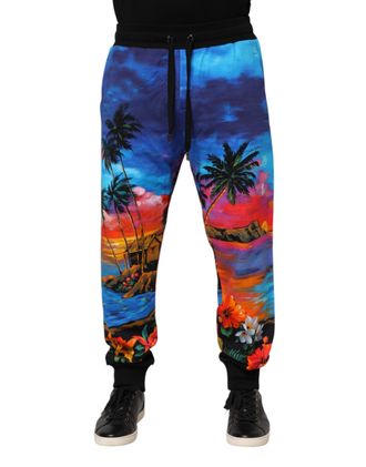 Dolce & Gabbana Mens Blue Hawaiian Print Jogger Sweatpants Pants Cotton