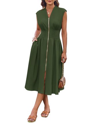 Grace Karin Women Short Cap Sleeve Dress Smocked Waist Casual Swing Dress with Zipper Front Army Green M