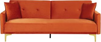Beliani Sof&aacute; Cama Con Asiento Abotonado De Terciopelo Naranja De 3 Plazas Sala De Estar Tradicional Mecanismo De Click Clack Lucan
