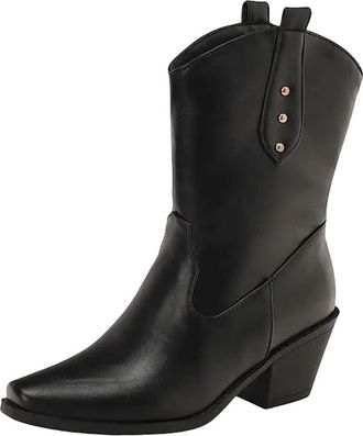 Generic Womens Western Style Mid Calf Boots Square Toe High Block Heel With Rivet Details Slip On For Daily Casual Wear